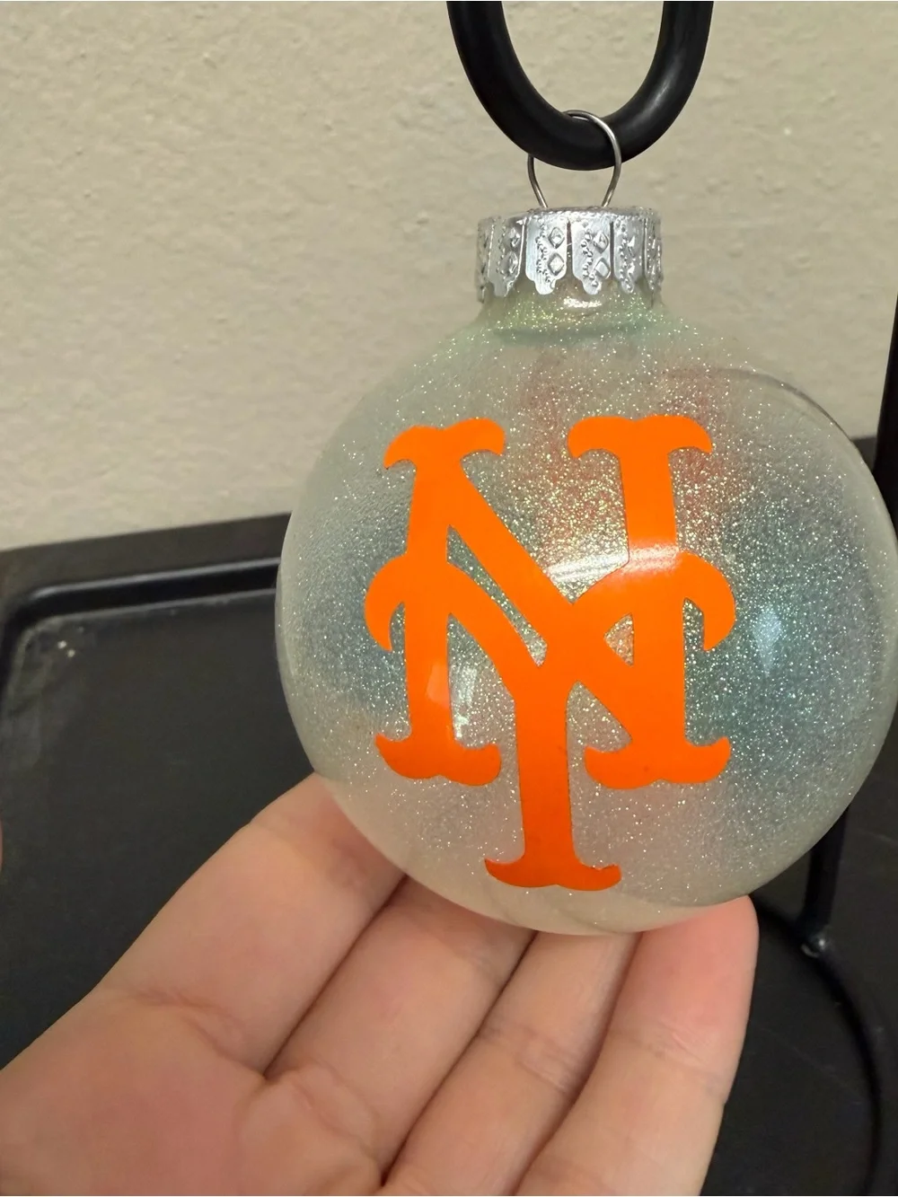 Glitter Glass Holiday Ornament with New York Mets Orange Logo